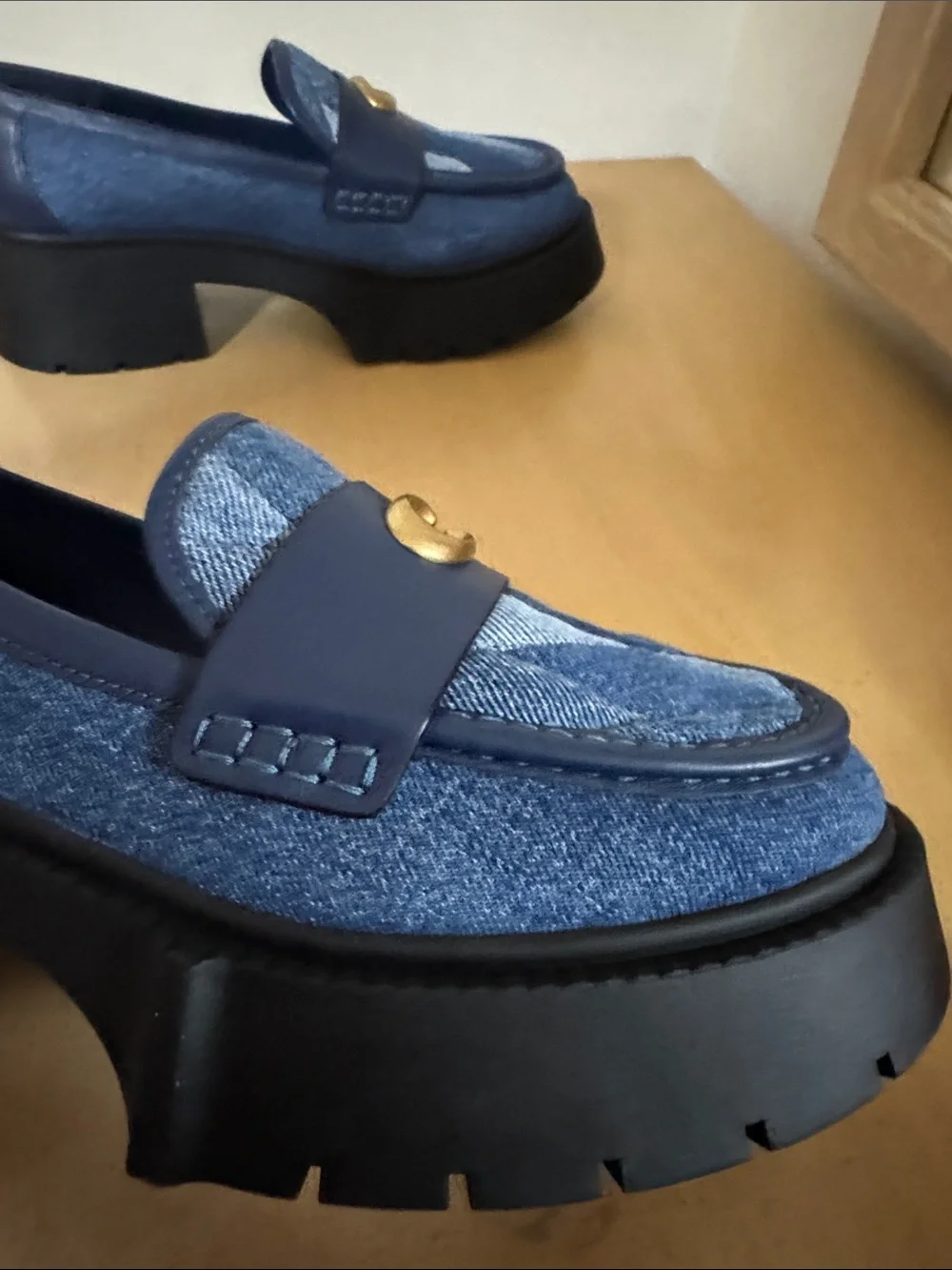 NEW Coach Women's Navy Blue Denim Platform Loafers with Gold 'C' Hardware